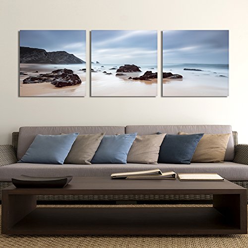 Feeby Frames, Cuadro en Lienzo 3 Partes Panorámico Cuadro impresión Cuadro decoración Canvas 120x40 cm Rocas Agua Mar Paisaje Vista Azul Negro