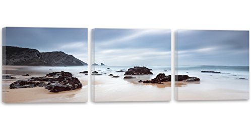 Feeby Frames, Cuadro en Lienzo 3 Partes Panorámico Cuadro impresión Cuadro decoración Canvas 120x40 cm Rocas Agua Mar Paisaje Vista Azul Negro