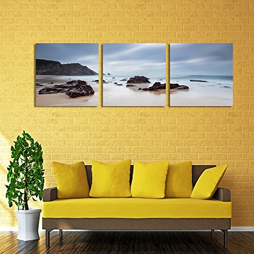 Feeby Frames, Cuadro en Lienzo 3 Partes Panorámico Cuadro impresión Cuadro decoración Canvas 120x40 cm Rocas Agua Mar Paisaje Vista Azul Negro