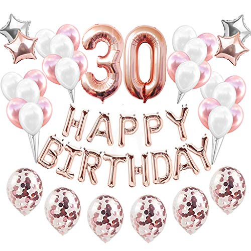 Feelairy 30 año Cumpleaños Globos Decoración Kit Oro Rosa, Happy Birthday Banner Globo Carta, Globos de Papel Aluminio Gigante Número 30 y Estrella Globos, Cumpleaños 30 para Adultos Mujer