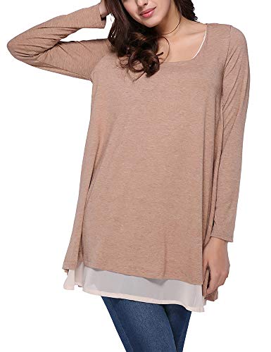 FeelinGirl Blusas y Faldas Mujer Manga Larga Juntado Encaje Caqui L