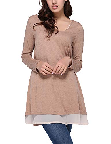 FeelinGirl Blusas y Faldas Mujer Manga Larga Juntado Encaje Caqui L
