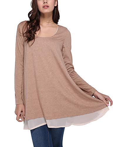 FeelinGirl Blusas y Faldas Mujer Manga Larga Juntado Encaje Caqui L