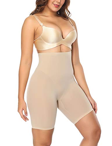 FeelinGirl Faja Patalón para Mujeres Braguita Reductora Modeladora Adelgazantes Shapewear de Cintura con Piernas Encaje Dobladillo Beige Cintura 72-78cm(M/Talla 38)