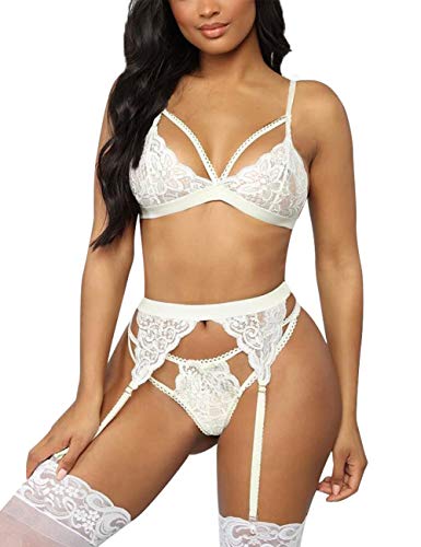 FeelinGirl Mujer Conjuntos de Lencería de Encaje Floral Ropa Erótica Sexy Íntima sin Medias Blanco L 38