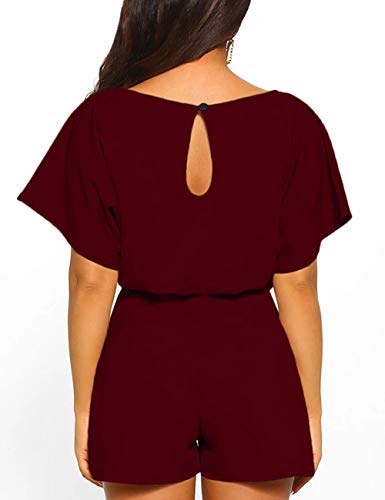 FeelinGirl Mujer Mono Corto Liso de Manga Corta Verano Sexy Espalda Descubierta Un Hombro Burdeos M