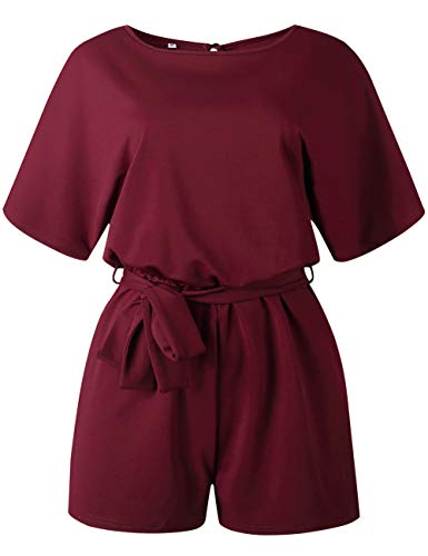 FeelinGirl Mujer Mono Corto Liso de Manga Corta Verano Sexy Espalda Descubierta Un Hombro Burdeos S