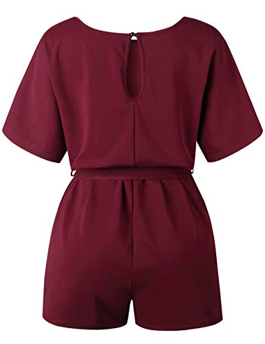 FeelinGirl Mujer Mono Corto Liso de Manga Corta Verano Sexy Espalda Descubierta Un Hombro Burdeos S