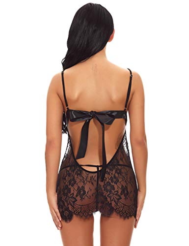 FeelinGirl Mujer Ropa Erótica Camisón Sexy Translúcido Elástico de Encaje Floral con Tanga Negro M