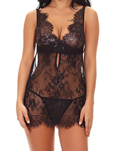 FeelinGirl Mujer Ropa Erótica Camisón Sexy Translúcido Elástico de Encaje Floral con Tanga Negro M
