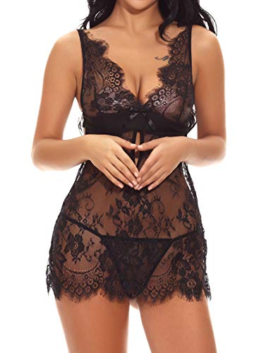 FeelinGirl Mujer Ropa Erótica Camisón Sexy Translúcido Elástico de Encaje Floral con Tanga Negro M