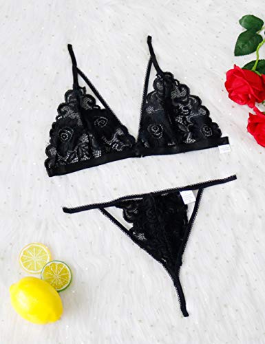 FeelinGirl Mujer Ropa Íntima Sexy de Encaje Conjuntos con Sujetador Liguero y Tanga Negro M