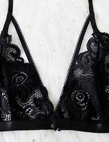 FeelinGirl Mujer Ropa Íntima Sexy de Encaje Conjuntos con Sujetador Liguero y Tanga Negro M