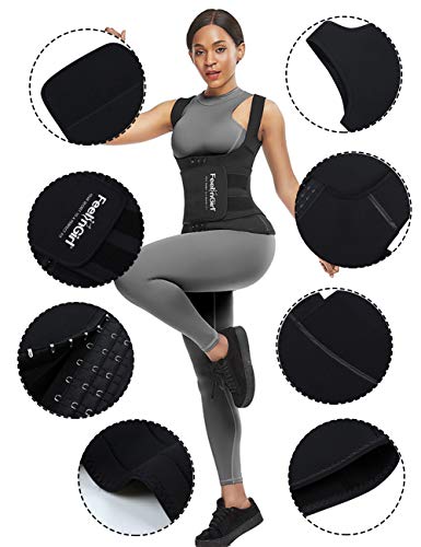 FeelinGirl Mujeres Faja Chaleco de Neopreno para Entrenador de Cintura Corsé Abdominal para Sudor con 3 Filas de Ganchos Negro