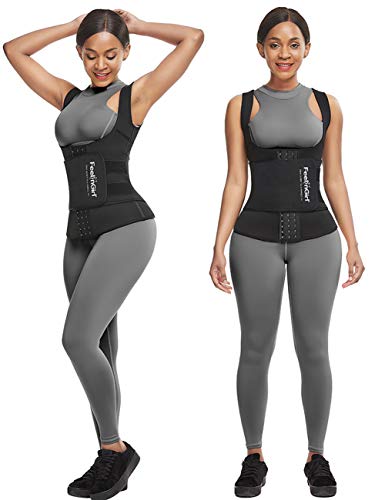 FeelinGirl Mujeres Faja Chaleco de Neopreno para Entrenador de Cintura Corsé Abdominal para Sudor con 3 Filas de Ganchos Negro