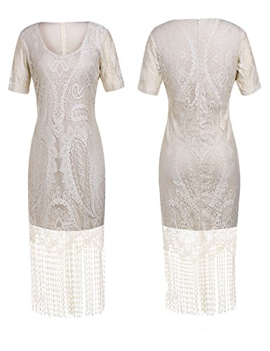 FeelinGirl Vestido Largo de 1920s Vintage con Fleco Encaje Vestido de Manga Corta Fiesta para Mujer Beige M/Talla 38