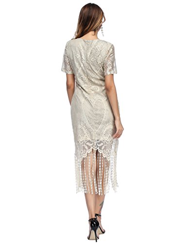 FeelinGirl Vestido Largo de 1920s Vintage con Fleco Encaje Vestido de Manga Corta Fiesta para Mujer Beige M/Talla 38
