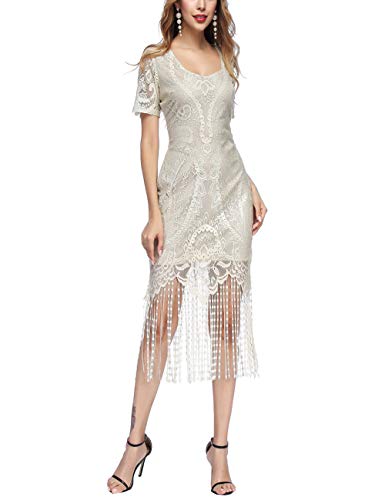 FeelinGirl Vestido Largo de 1920s Vintage con Fleco Encaje Vestido de Manga Corta Fiesta para Mujer Beige M/Talla 38
