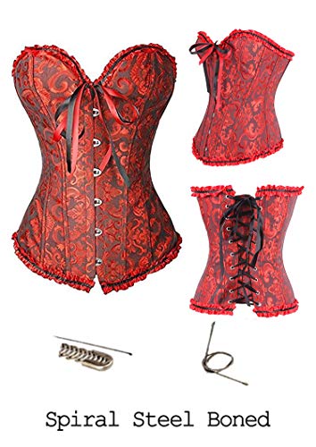 FeelinGirl Vintage Brocado Encaje con Cremallera y Cinta Ajustable Corsé para Mujer Alazán S/ES 32