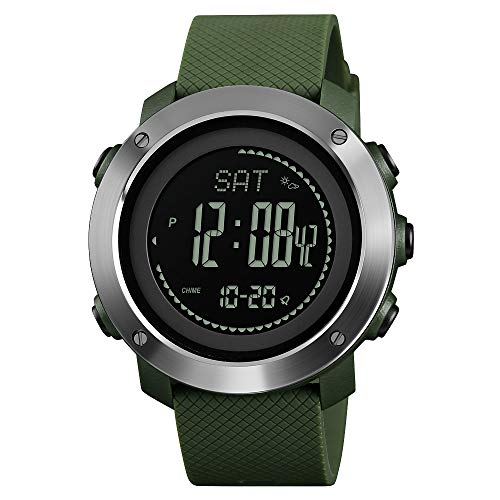 FeiWen Unisex Outdoor Militar Deportivo Digitales Brújula Relojes de Pulsera LED Electrónica Multifuncional Pulsómetro Altímetro Termómetro Alarma Reloj Plástico Bisel con Goma Correa (Verde 2)