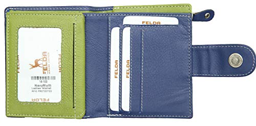 Felda - Cartera de Cuero auténtico con protección RFID - para Mujer - con Caja Regalo - Pequeña - Azul Marino/Multicolor