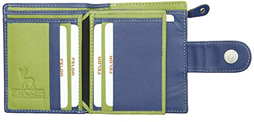 Felda - Cartera de Cuero auténtico con protección RFID - para Mujer - con Caja Regalo - Pequeña - Azul Marino/Multicolor