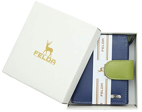 Felda - Cartera de Cuero auténtico con protección RFID - para Mujer - con Caja Regalo - Pequeña - Azul Marino/Multicolor