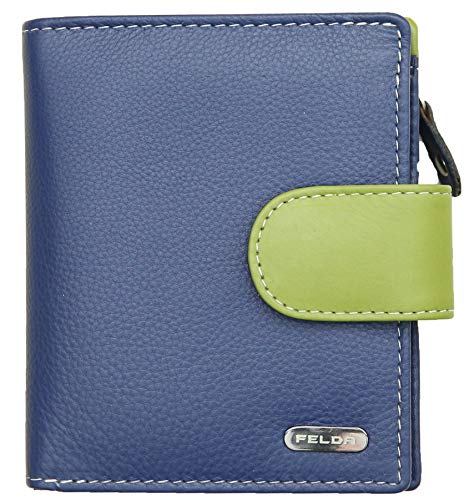 Felda - Cartera de Cuero auténtico con protección RFID - para Mujer - con Caja Regalo - Pequeña - Azul Marino/Multicolor