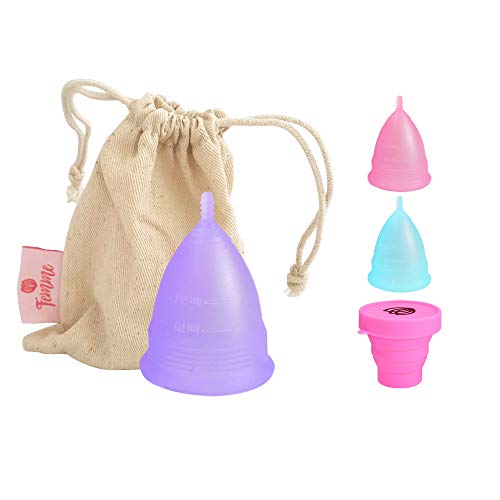 Femme Essentials Copa Menstrual + Bolsa de Algodón | 100% de Silicona Hipoalergénica para Uso Médico | Ecológica, Segura, Cómoda y Higiénica | Tamaño: Grande | Color: Violeta