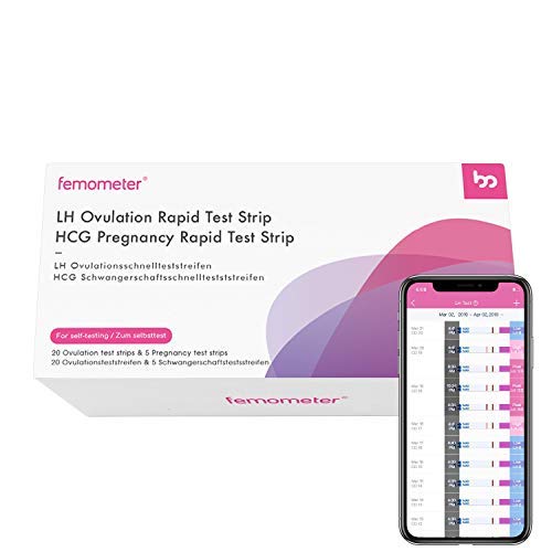 Femometer 20 test de ovulación y 5 test de embarazo ultrasensibles y Taza de orina, 20mIU/ml, Resultados Precisos con la App (iOS & Android) Reconocimiento Automático de los Resultados de las Pruebas