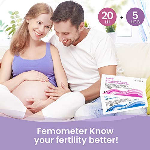 Femometer 20 test de ovulación y 5 test de embarazo ultrasensibles y Taza de orina, 20mIU/ml, Resultados Precisos con la App (iOS & Android) Reconocimiento Automático de los Resultados de las Pruebas