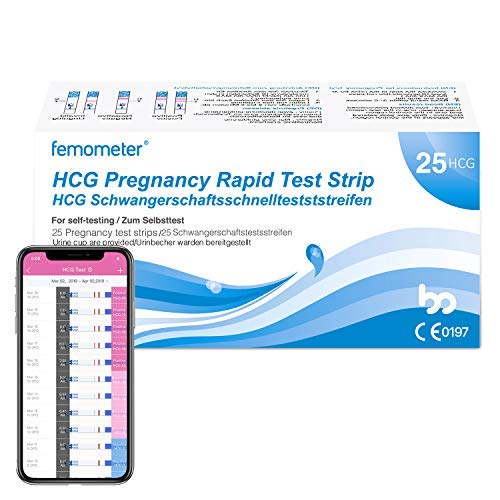 Femometer 25x Test de Embarazo Ultrasensibles y Taza de orina,20 mIU/ml, Resultados Precisos con la App (iOS & Android) Reconocimiento Automático de los Resultados de las Pruebas
