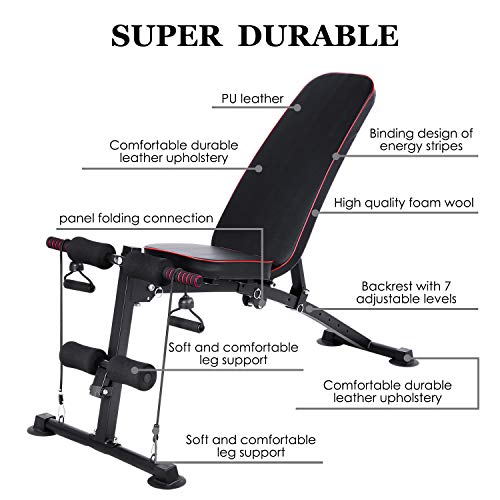 Femor Banco Plegable de Pesas, Banco Multifunción de Ejercicio, Banco de Abdominales 2en1 con Cuerda, Respaldo Ajustable de 7 Posiciones,Cargable hasta 120kg, Ejercitar Todo el Cuerpo Gimnasio en Casa