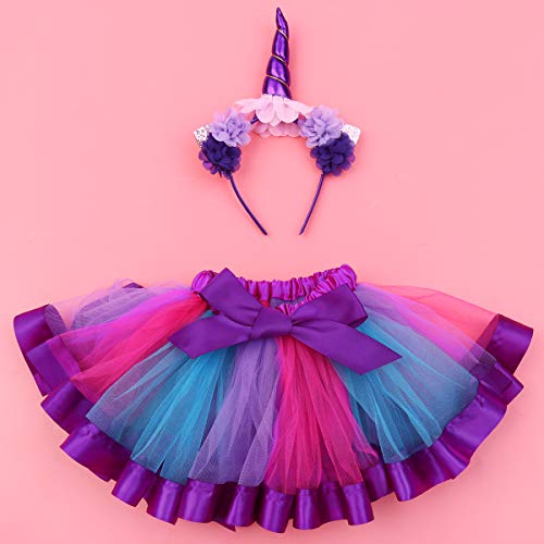 FENICAL Disfraz de Unicornio para Niñas Diadema Unicornio Floral con Oreja y Falda Tutú de Arco Iris Disfraz para Fiesta Púrpura Tamaño S