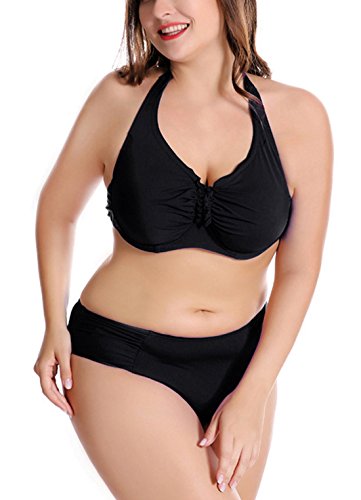 FEOYA - Bikini de Mujer Push Up con Relleno para Verano Bañador con Aros Sexy Traje de Baño de 2 Piezas Biquini Talla Grande - Negro - ES 52