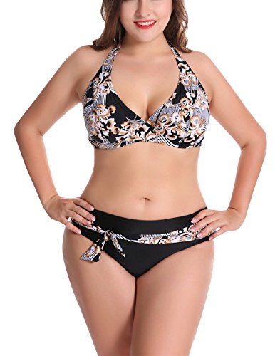 FEOYA - Bikini para Mujer 2018 con Relleno Estampado Retro Traje de Baño con Relleno Sexy Bañador Push Up Swimwear Beach for Woman - Negro - ES 54