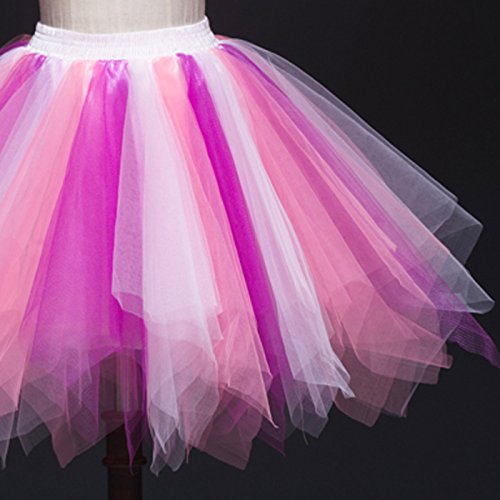 FEOYA Mujer Falda Enaguas Corta Tul Plisada Fiesta Vintage Retro Ballet Princesas Tutú, Blanco + Rosa + Rosa Rojo