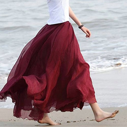 FEOYA Mujer Maxi Larga Falda Bohemia Dobladillo Grande Chifón Skirt - Rojo