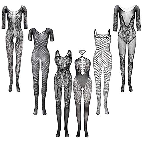 FEPITO 6 Set Mujeres Medias Lencería Encaje Mallas Monos Fiesta Fecha Vestido, Color C