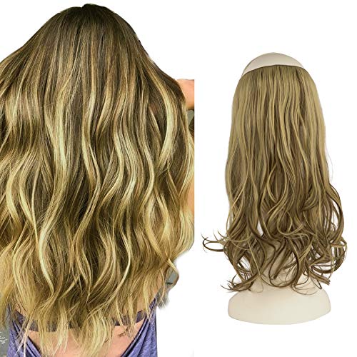 FESHFEN Extensiones de Hilo Invisible sin Clip de una pieza Halo extensiones de cabello secreto línea de pescado extensiones de pelo ondulado sintético 46cm 130g