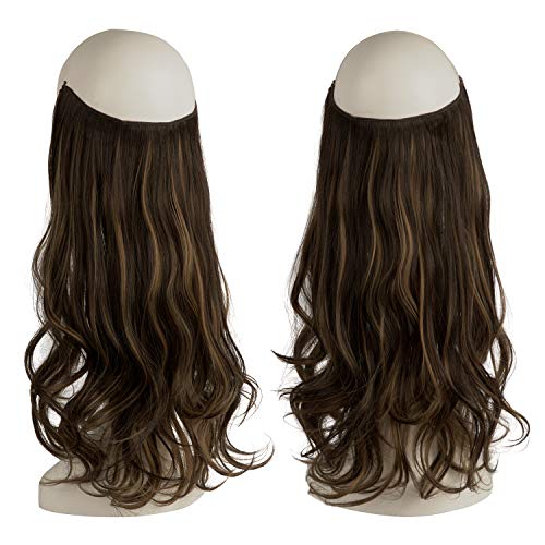 FESHFEN Extensiones de Hilo Invisible sin Clip de una pieza Halo extensiones de cabello secreto línea de pescado extensiones de pelo ondulado sintético 46cm 130g