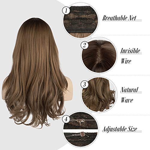 FESHFEN Extensiones de Hilo Invisible sin Clip de una pieza Halo extensiones de cabello secreto línea de pescado extensiones de pelo ondulado sintético 46cm 130g