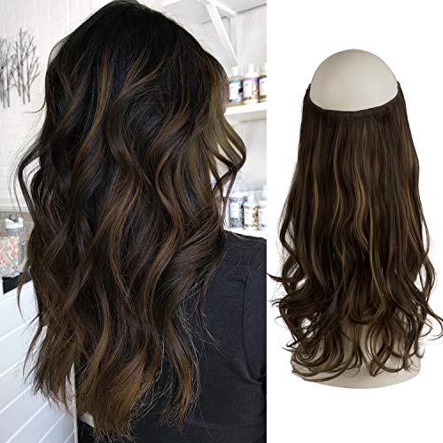 FESHFEN Extensiones de Hilo Invisible sin Clip de una pieza Halo extensiones de cabello secreto línea de pescado extensiones de pelo ondulado sintético 46cm 130g