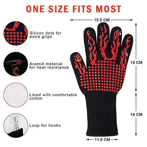 Fesoar Guantes de Barbacoa,Guantes para Horno,Guantes de Cocina,Oven Gloves Resistencia Térmica hasta 1472 ° C,Certificación EN407 de protección contra Alta Temperatura (1 Par) (Rojo)