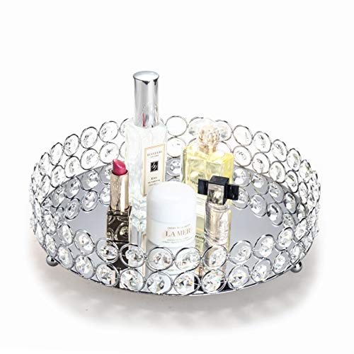 Feyarl - Bandeja de perfume con cuentas de cristal plateadas, bandeja redonda cosmética, organizador de joyas, bandeja de tocador con espejo decorativa para el cuidado de la piel del perfume del hogar