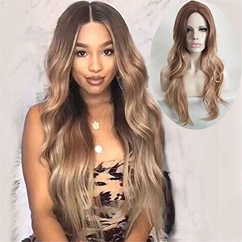 FFWIGS ASBBS 28" Rubia Largo Ola Pelucas Centro Separada Ombre Marrón Sintético Calor Resistente Rizado Pelo Peluca por Mujer Diario Vestir 250g