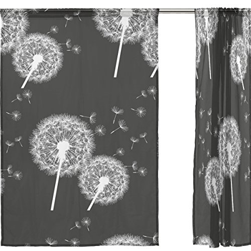 FFY Go Sheer Cortina De Gasa para Ventana, Diseño De Diente De León, Material Suave para Dormitorio, Sala De Estar, Cocina, Decoración De Puerta De Casa, 2 Paneles, Negro, 198 X 139,7 cm
