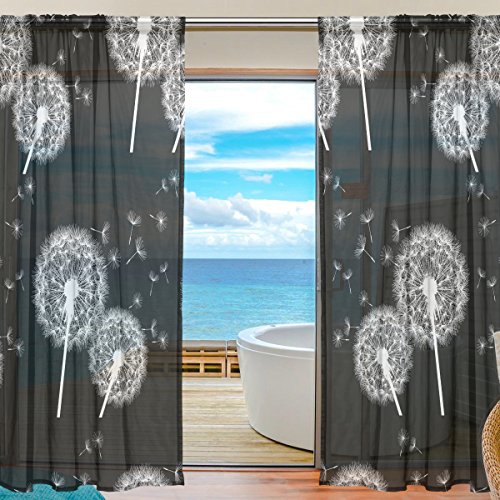 FFY Go Sheer Cortina De Gasa para Ventana, Diseño De Diente De León, Material Suave para Dormitorio, Sala De Estar, Cocina, Decoración De Puerta De Casa, 2 Paneles, Negro, 198 X 139,7 cm
