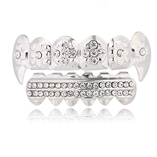 FFZW Dientes Chapado En Oro Hip Hop Parte Superior E Inferior Juego De Rejillas Superior Inferior De Grils De 18 Quilates Chapados En Oro Vampiro De Halloween Disfraz Accesorios,Plata