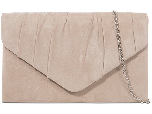Fi9® - Bolso de mano de ante, plisado, liso, ideal para bodas, fiestas de graduación o de noche, color Beige, talla M